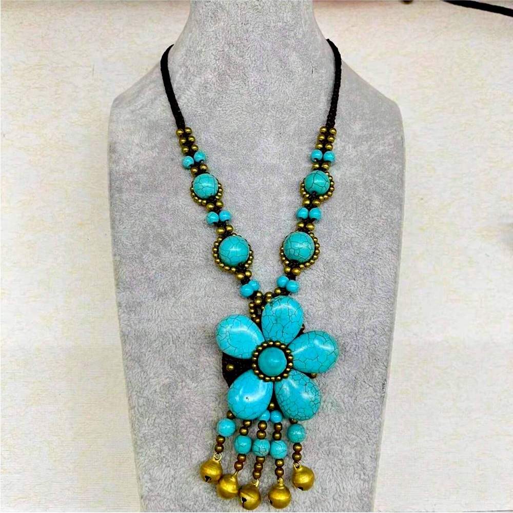 1pc Vintage Turquoise Flower Design Handmade Tassel necklace